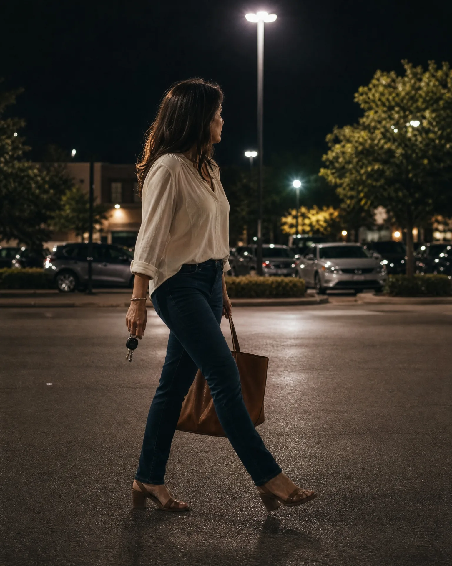 A woman in a cream blouse, dark jeans and tan heeled sandals walks across a parking lot at night, carrying a tan tote bag and keys, with parked cars, trees and a lamppost behind her.