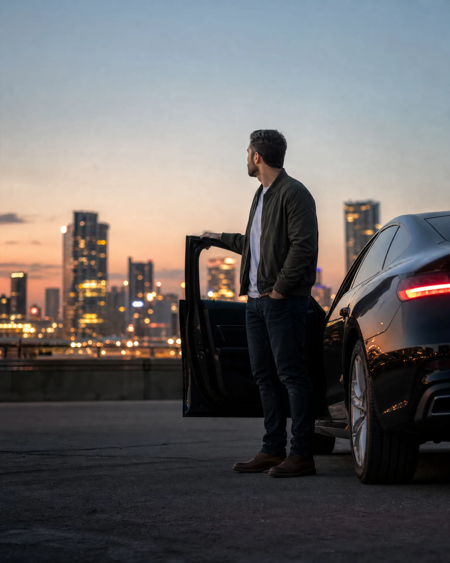 A man in a dark jacket and jeans stands beside a black car with its rear door open, looking toward a blurred city skyline at dusk.