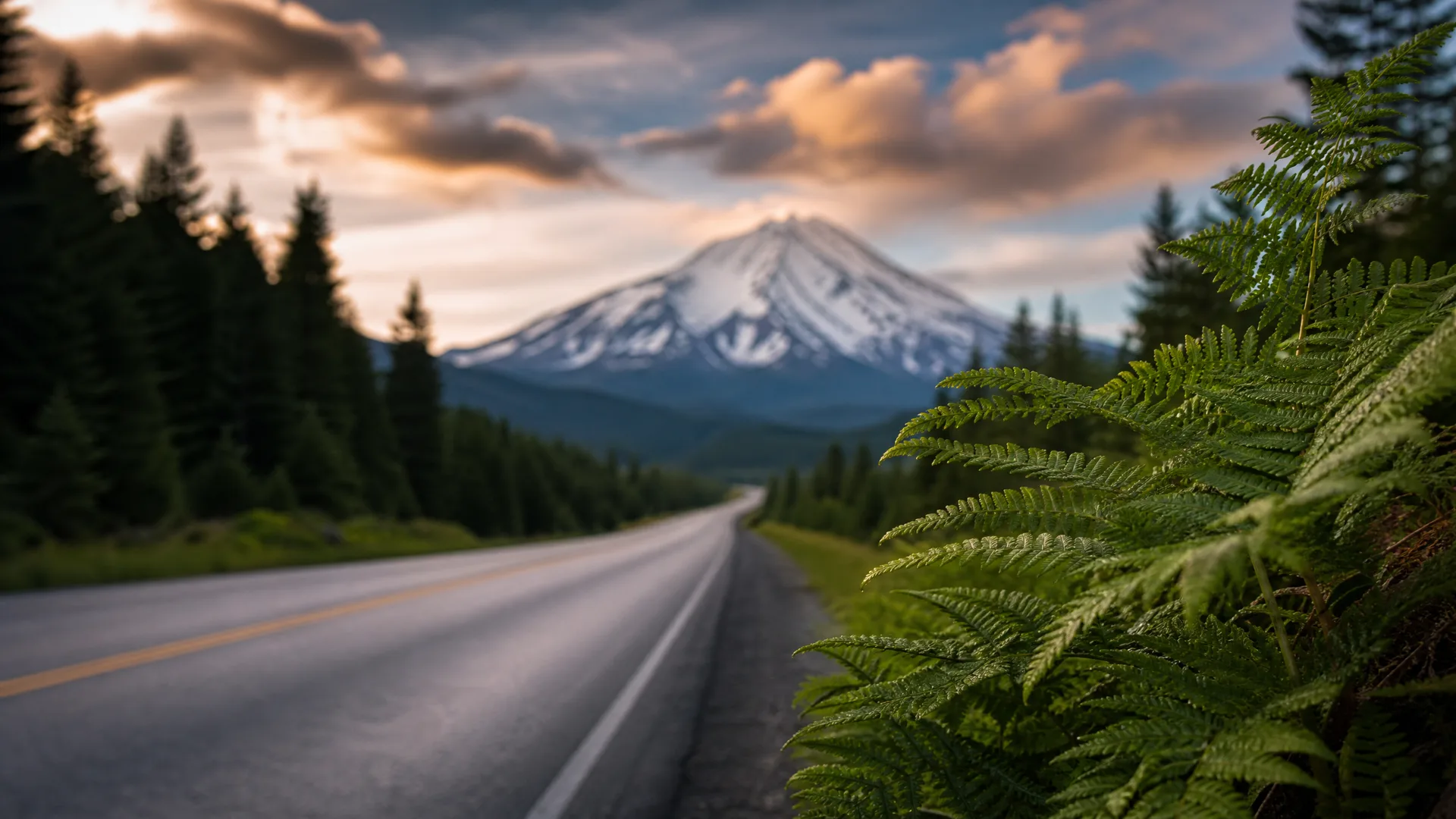 A two-lane asphalt road with yellow center lines curves toward a snow-capped mountain, bordered by conifer forest on the left and large green fern fronds in sharp focus on the right under a cloudy sky.
